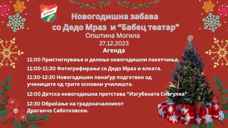 Новогодишна забава во среда на 27.12.2023 со Дедо Мраз и ,,Бабец театар” во Општина Могила