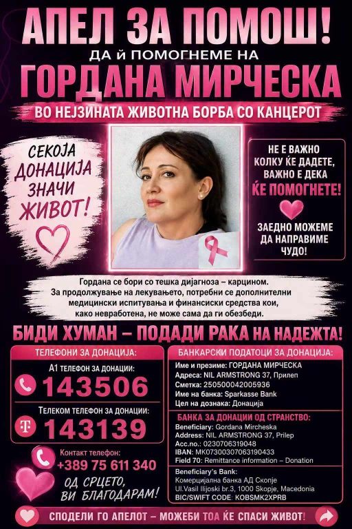 Апел за помош за лекувањето на Гордана Мирческа