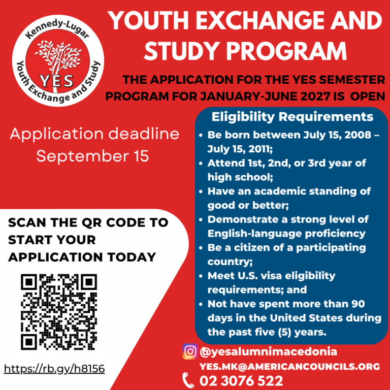Отворен е повикот за „YES Semester Program“ 2027 во САД за сите средношколци!